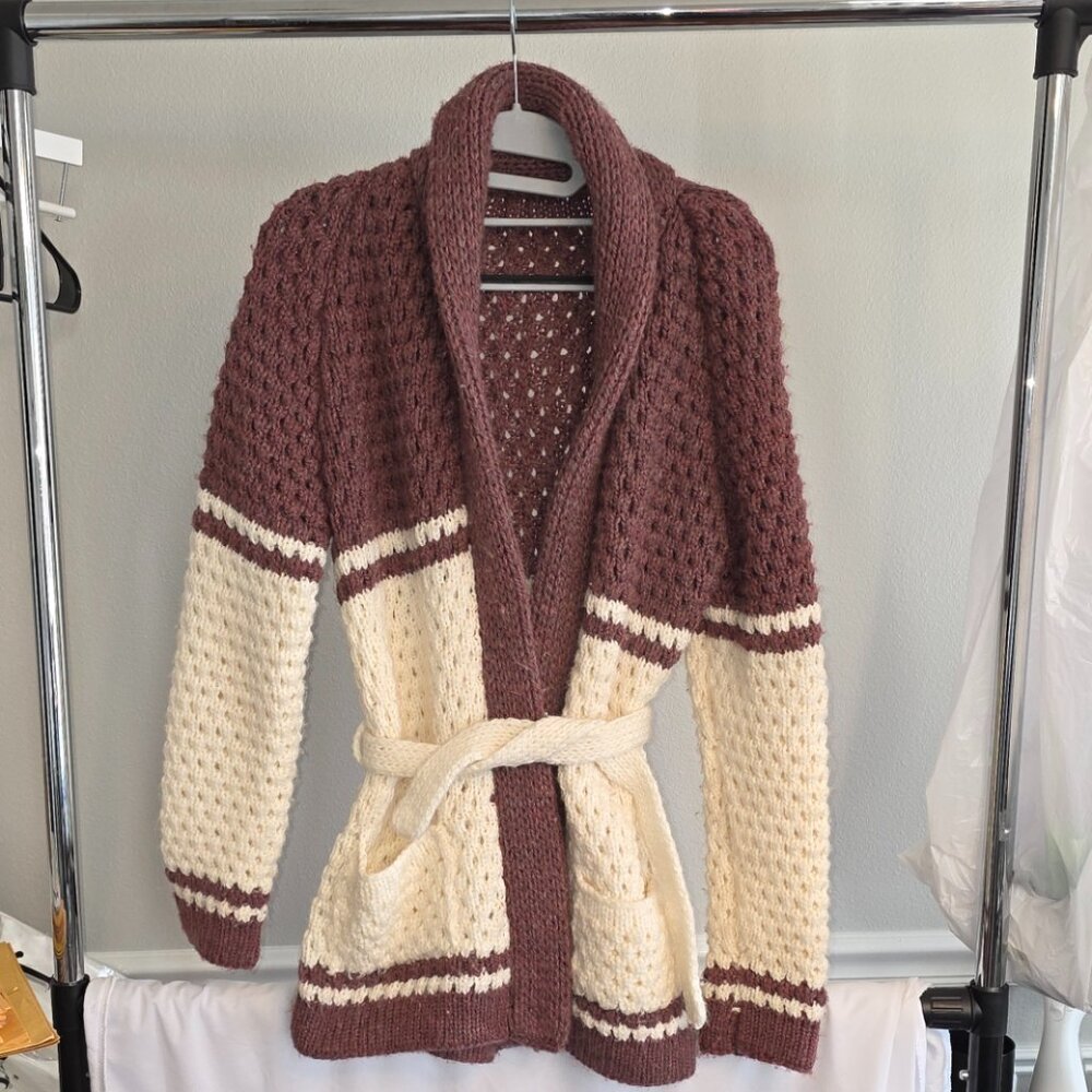 Handmade Vintage Cardigan Sweater 70s Cottagecore Chunky Crocheted Belted Earthy